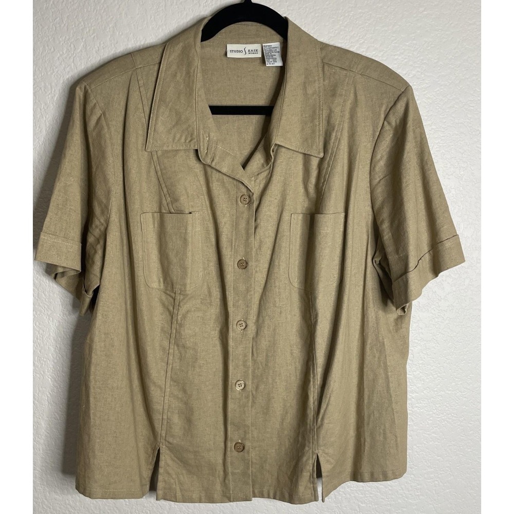Studio Ease Womens 20W Button Up Shirt Tan Linen Blend Short Sleeve Pocketed